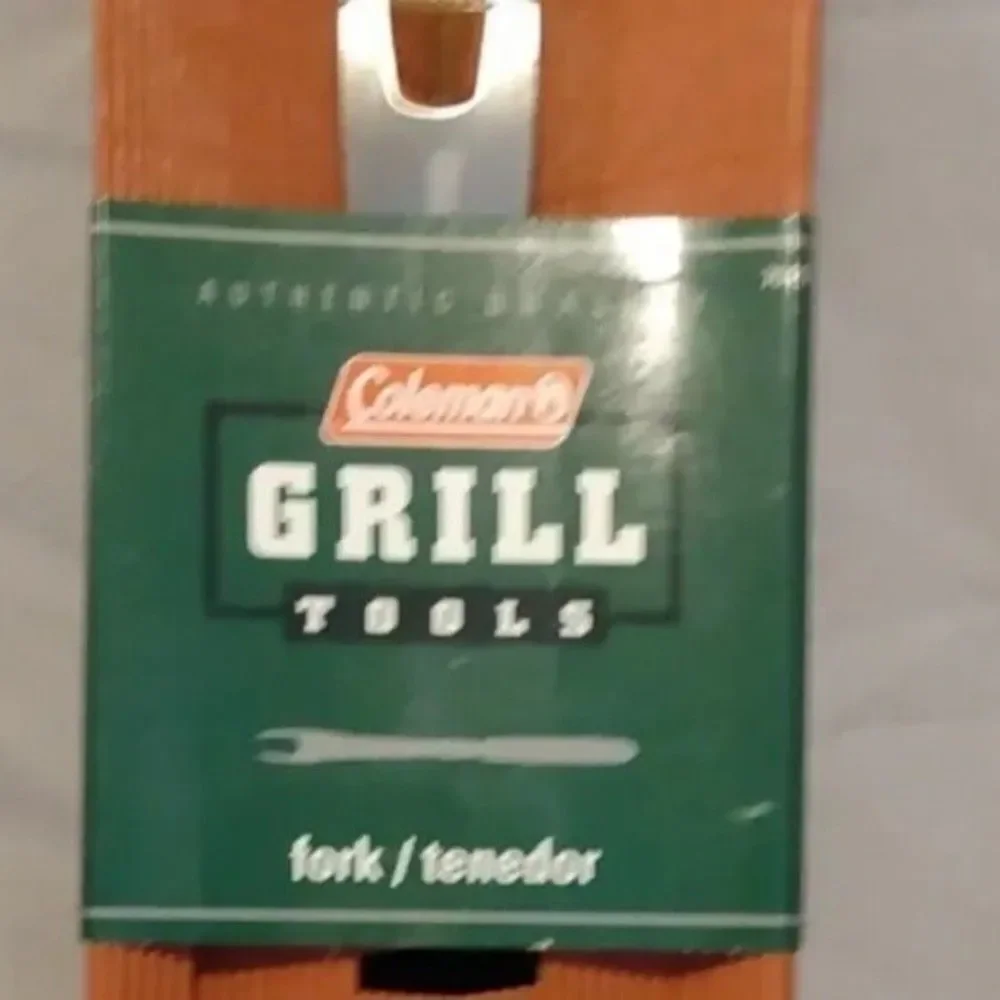 Meat Fork Coleman BBQ Grill Tool Green Handle Stainless Steel kitchen vtg